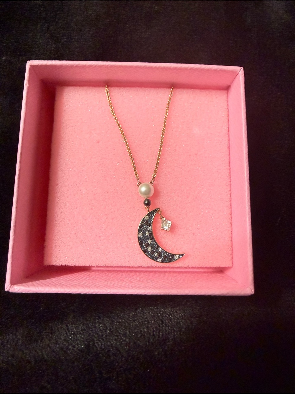 SWAROVSKI Gold Moon Pendant Necklace with Black Crystal Accents and Pearl
